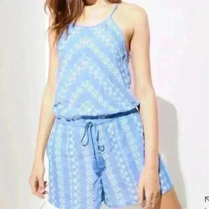 Ann Taylor LOFT Blue & White Embroidered Romper